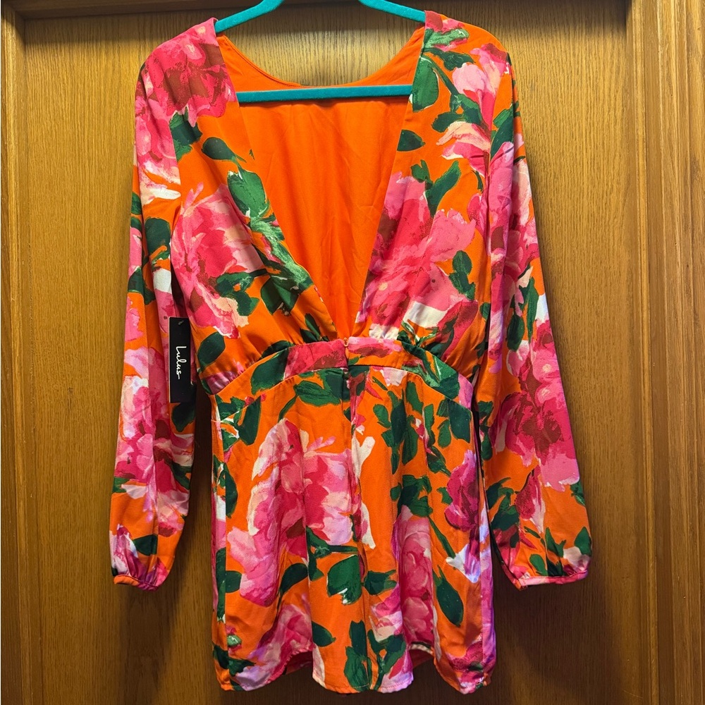 Lulu's Orange Floral Long Sleeve Romper with Pink & Green Print - Picture 2 of 6